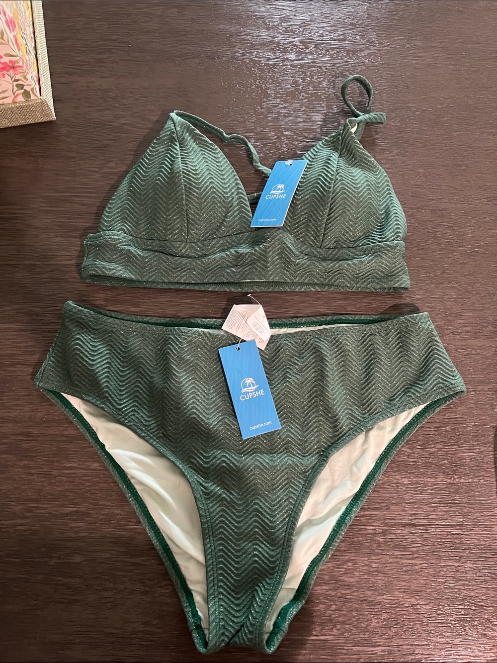 Cupshe gold glitter/  Green Textured High-Waist Bikini Set